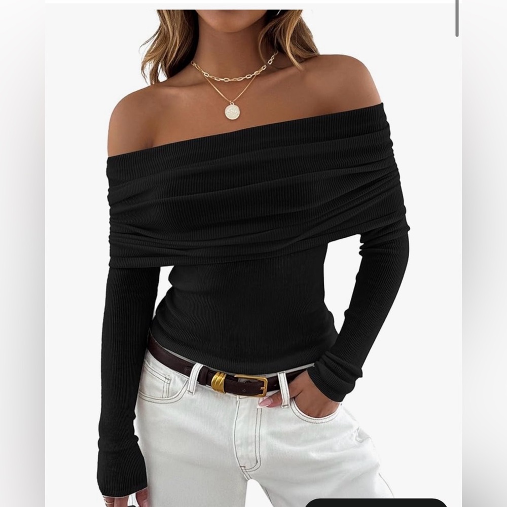 Off-Shoulder Ribbed Black Women’s Sweater